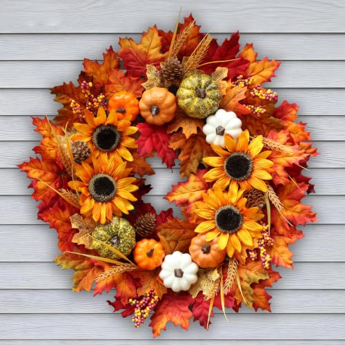 24 Inch Fall Sunflower Wreath with Pumpkins and Maple Leaves for Front Door