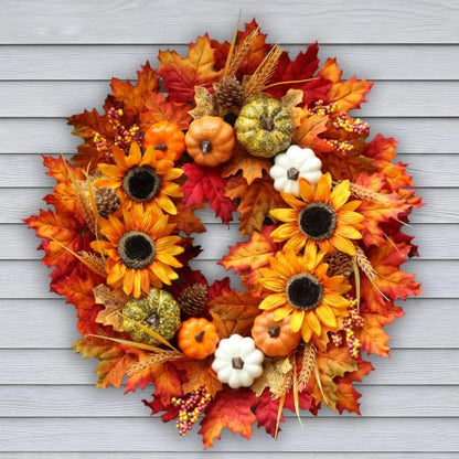 24 Inch Fall Sunflower Wreath with Pumpkins and Maple Leaves for Front Door