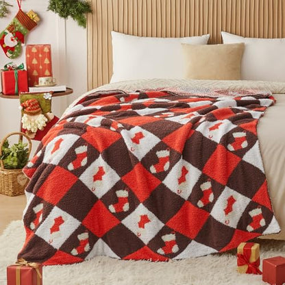 Christmas Knitted Throw Blanket - Ultra-Soft 60x80 with Stocking Pattern, Cozy Holiday Decor