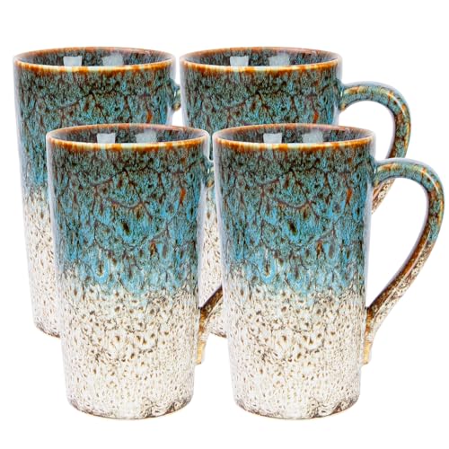 White & Blue 20 oz Ceramic Coffee Mugs Set of 4 Tall Drinkware