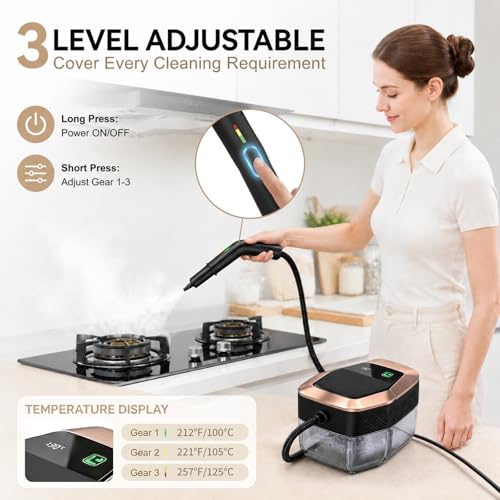 Multi-Purpose Handheld Steam Cleaner for Home and Car Cleaning - 3-Level Adjustable Pressure, Fast Heat-Up
