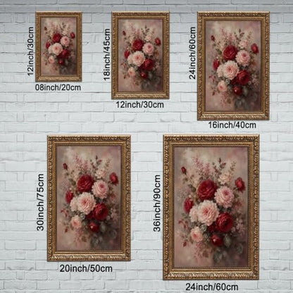Vintage Gold Frame Canvas Wall Art - Red & Blush Rose Bouquet, 16"x24"
