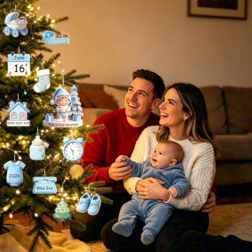 12 Pcs Baby's First Christmas Ornament Set - Blue Acrylic Flat Keepsake Decorations with Pen