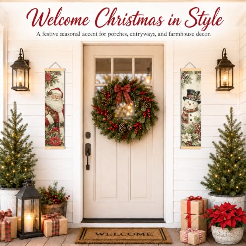 Christmas Porch Banner Set of 2 - Santa Snowman Holiday Door Decor - 31.5x7.8 Inches - Festive Canvas Wall Hangings - Easy Hang Seasonal Decor - Family & Party Gift