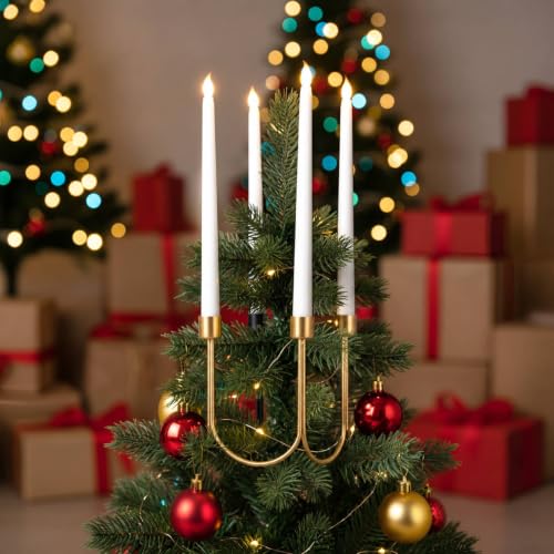 Gold Christmas Tree Topper Candelabra Set with LED Candles & Remote Control