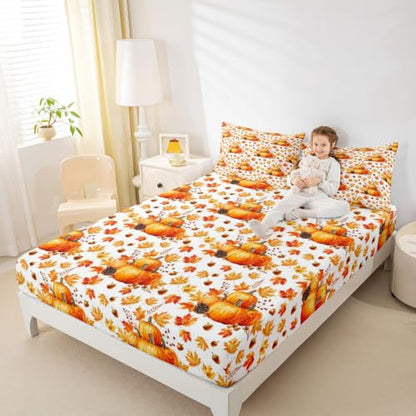 Feelyou Fall Queen Bed Sheet Set for Kids & Adults - Orange White Variation