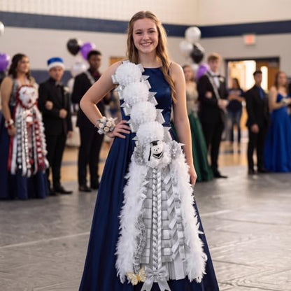 50-Inch Homecoming Mum Sash Flowers with Teddy Bear Bow Silver White
