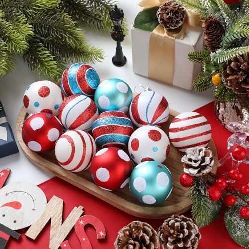 12 Pcs Christmas Ball Ornaments - Red Blue White Holiday Tree Decor
