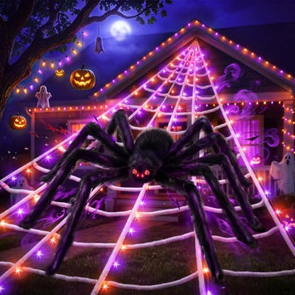 Halloween Spider Web Decorations Outdoor with 59-Inch Giant Spider - Purple & Orange Variation