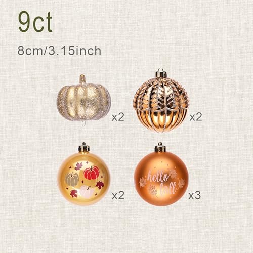 Autumn Glow 9ct 3.15in Fall Ornaments, 9 Pack, Orange-Gold, Shatterproof Christmas Tree Decorations