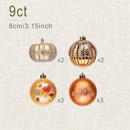 Autumn Glow 9ct 3.15in Fall Ornaments, 9 Pack, Orange-Gold, Shatterproof Christmas Tree Decorations