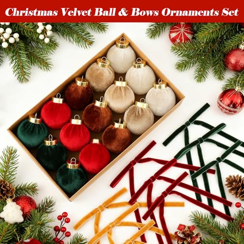 Christmas Velvet Ornaments Set with Bows - 30 Pieces Holiday Decorations