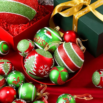 Lanpn 6 Pack 4-Inch Large Outdoor Christmas Ornaments - Red & Green Glitter String Ball Decorations for Yard & Holiday Party - Style B