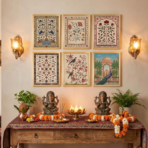 Scandinavian Vintage Floral Wall Art Set - Indian Floral Variation, 6 Pieces