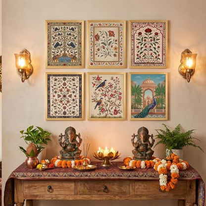 Scandinavian Vintage Floral Wall Art Set - Indian Floral Variation, 6 Pieces