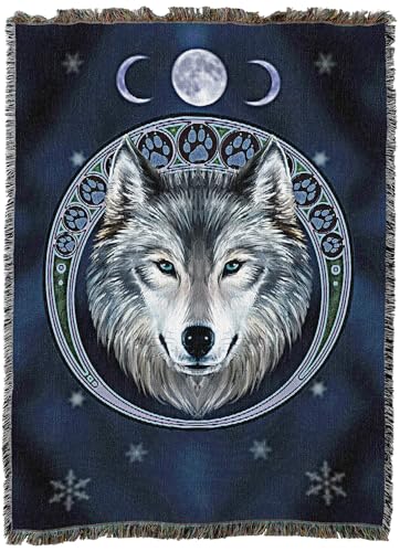 Lunar Wolf Woven Blanket - Fantasy Cotton Tapestry Throw - 72x54 Inches - Made in USA