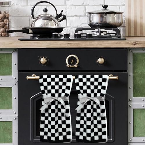 Checkered Hand Towels Set of 2 - Black & White Cotton 13 x 29" - Jacquotha