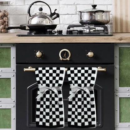 Checkered Hand Towels Set of 2 - Black & White Cotton 13 x 29" - Jacquotha