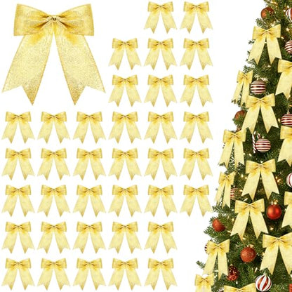 Gold Glitter Christmas Tree Bows - 36 Pcs, 7x7 Inch, Holiday Decor