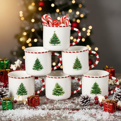 Vesici 6 Pack Christmas Mugs with Candy Cane Handle and Christmas Tree Pattern - 10 oz