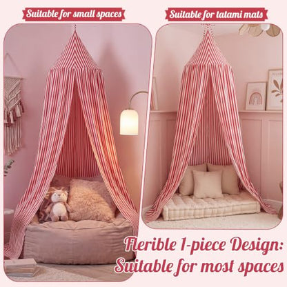 Kids Bed Canopy Tent - Red White Striped Reading Nook for Nursery & Playroom