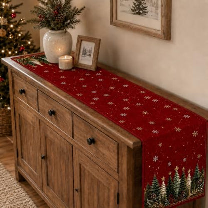Christmas Table Runner Burgundy Red Tree Design for Holiday Dining