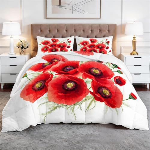 Red Poppies California King Comforter Set Microfiber Duvet All Season - Red