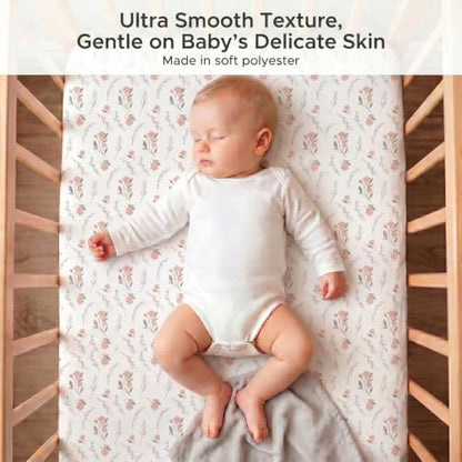 Baby Crib Sheets for Girls & Boys 3 Pack Pink+White+Flower Fitted 52x28x8 Inches