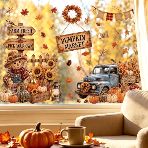 Fall Window Clings Set - Harvest Decor with Pumpkin Truck & Scarecrows