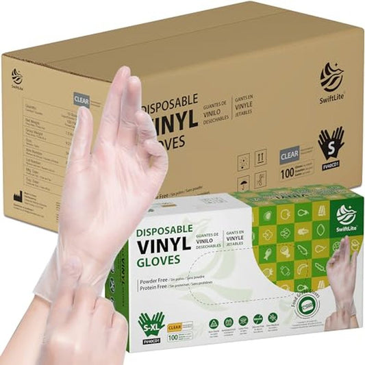 SWIFTLITE Disposable Vinyl Gloves, Food Safe, Latex-Free Powder-Free Clear Plastic Gloves for Cooking, House Clean, Food Prep (100, Small)