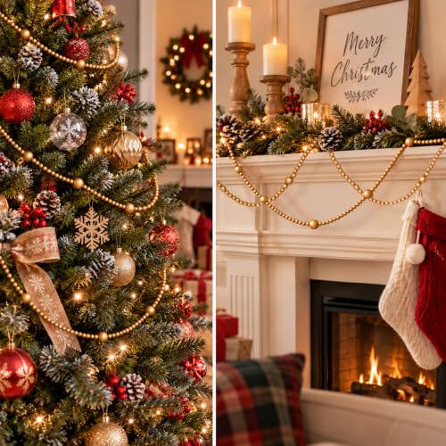 Gold Christmas Wood Bead Garland 12 FT Farmhouse Boho Tree Decor - Gold-12ft