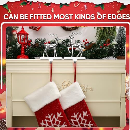 Reindeer Stocking Hangers Set of 2 - Metal Silver Christmas Mantel Hooks