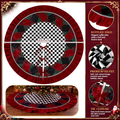 48 Inch Black and White Checkered Christmas Tree Skirt with Burgundy Ruffle - Variation of THIS listing