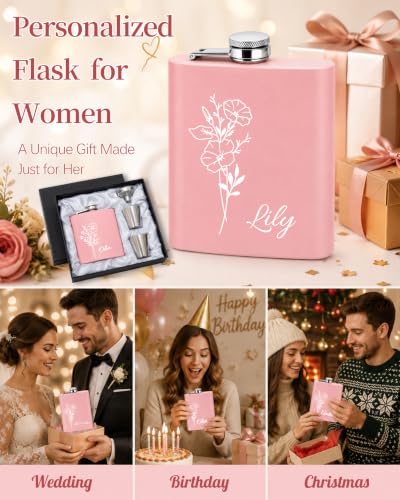 Pink Personalized Flask for Women Bridesmaid Wedding Gift Set