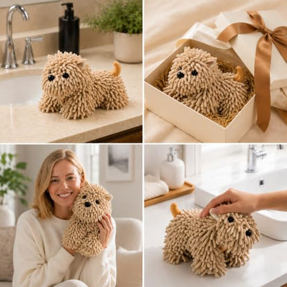 Brown Dog Hand Towel - Puppy Shaped Absorbent Chenille for Bathroom & Kitchen