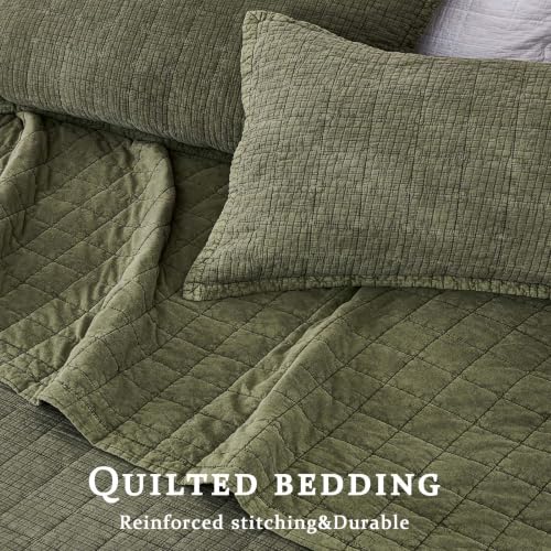 Olive Green Oversized King Cotton Quilt Set 120x120 Breathable Bedspread with 2 Pillow Shams