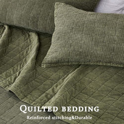 Olive Green Oversized King Cotton Quilt Set 120x120 Breathable Bedspread with 2 Pillow Shams