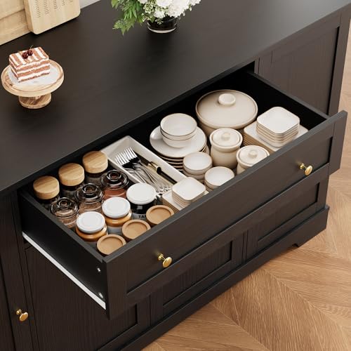 54-Inch Black Kitchen Buffet Cabinet with Storage Drawers & Shelves