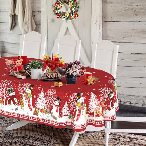 Yighty Oval Christmas Tablecloth 60 x 84In Red Snowman Santa Elk Holiday Decor