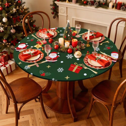 Christmas Round Spandex Tablecloth Fitted Cover for 45-56 Inch Tables - Green & White