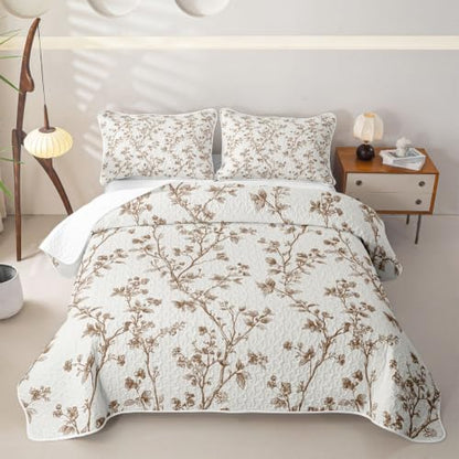 King Size Floral Quilt Set Beige Brown Boho Bedspread Coverlet - Erosebridal