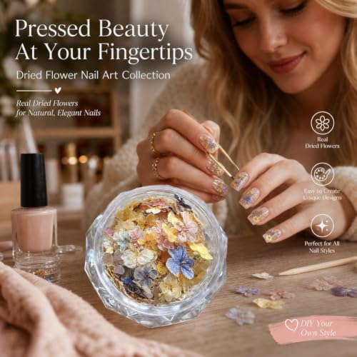 Color 6 Dried Flowers for Nail Art, Natural Pressed Botanical Accents, 1 Piece