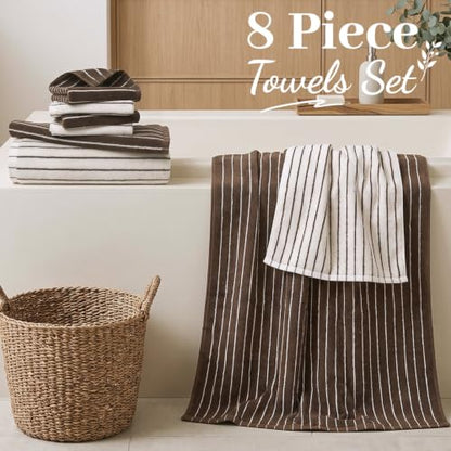 Brown and Ivory 8-Piece Cotton Towel Set - Striped Bath Towels & Washcloths
