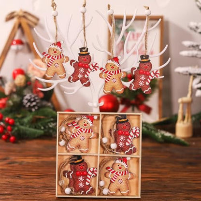 12PCS Gingerbread Man Christmas Ornaments Wooden Hanging Decorations for Holiday Tree & Home