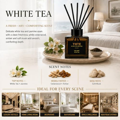 White Tea & Soft Musk Reed Diffuser for Home - Hotel-Inspired Scent with Black Fiber Reeds
