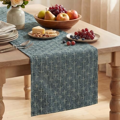 Navy Blue Cross-Star Textured Table Runner 13x60 Inch Waterproof Rustic Dining Decor