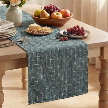 Navy Blue Cross-Star Textured Table Runner 13x60 Inch Waterproof Rustic Dining Decor
