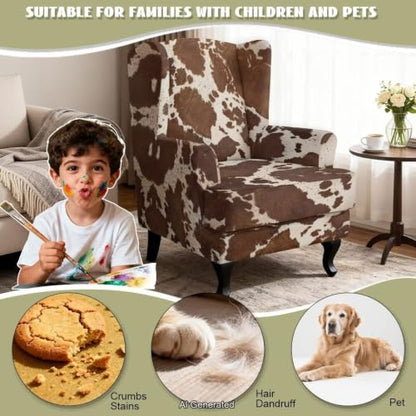 Stretch Wing Chair Slipcover Brown Cow Print 2 Piece Protect & Decor