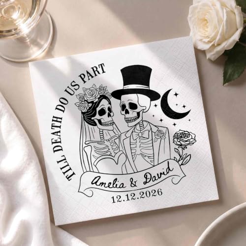Personalized Gothic Skeleton Wedding Cocktail Napkins - Couple 1734 Halloween Wedding Decor