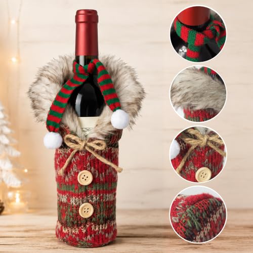 Christmas Santa Wine Bottle Cover Set - Style C, Plush Hat & Scarf, Holiday Table Decor